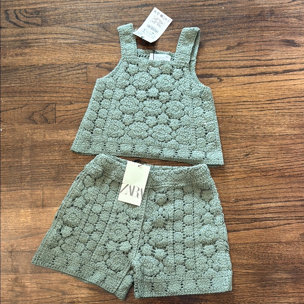 ZARA Girls Green Crochet Tank and Shorts Set